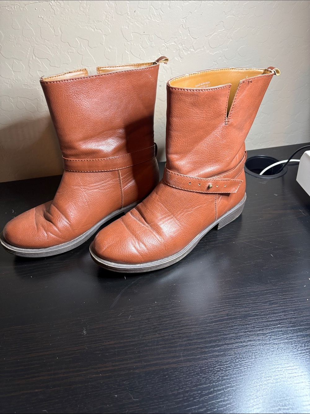 Women's Tan Leather Moto Boots - Stylish Mid-Calf Combat Style